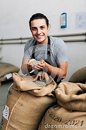 Hands of barrista putting green unroasted coffee beans into sack at factory Stock Photo