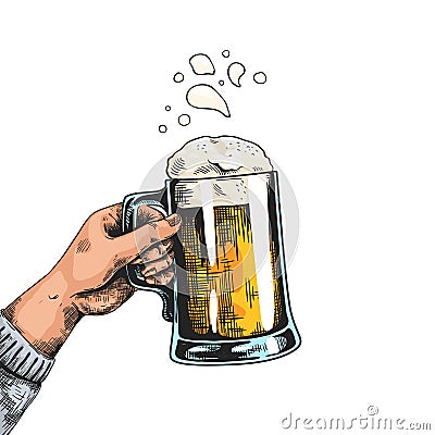 Hands with beer mugs. Colorful drawn poster with pub glass. Human holding transparent cup full of foamy drink. Alcoholic Vector Illustration