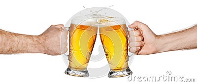 Hands with beer mugs making toast Stock Photo