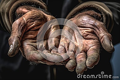 Hands of a beggar. Poor man's hands. Poverty concept. Generative Ai image Stock Photo