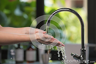 Hands being washed scrubbed and rinsed using disinfectant soap for hygiene and protection against COVID-19 and other dieseases Stock Photo