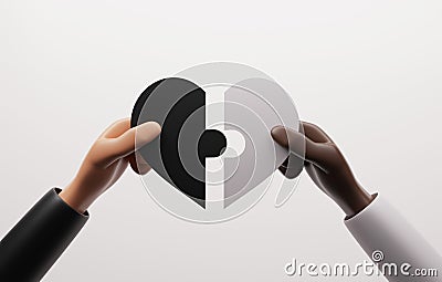 Hands of black man and woman couple holding black and white jigsaw puzzle Cartoon Illustration