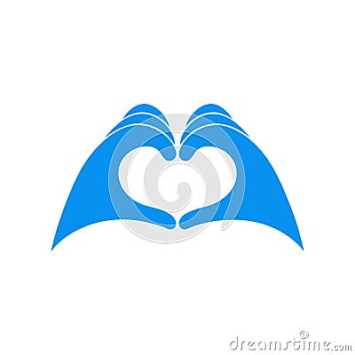 Hands in blue latex glove shows heart symbol. Hands gesture love symbol with hands. Love our medical professionals Vector Illustration