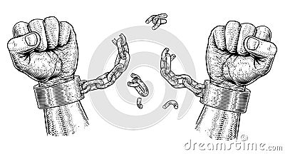 Hands Breaking Chain Shackle Handcuffs Vector Illustration