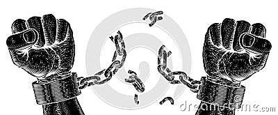 Hands Breaking Chain Shackle Handcuffs Vector Illustration