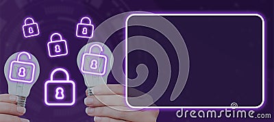 Hands Of Businesswoman Holding Light Bulbs Presenting Digitally Generated Padlocks By Graphical Display. Woman Showing Stock Photo