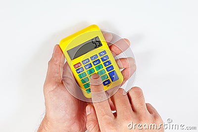 Hands calculate using a digital calculator on white background Stock Photo