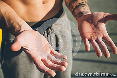 Hands with callus of a young calisthenics sportman Stock Photo