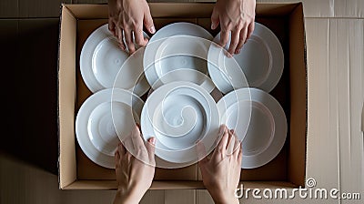 hands carefully stacking plates into a cardboard moving box, illustrating the meticulous process of packing and securing Stock Photo