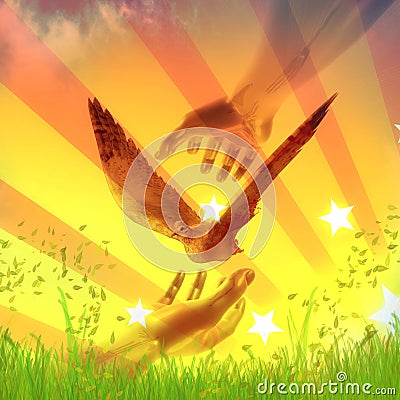 Hands catching dove for peace abstract symbol Cartoon Illustration
