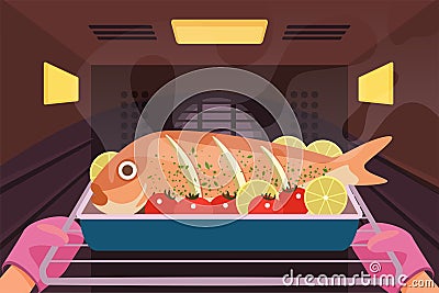 Hands of chef in protection kitchen gloves bake fish on tray for dinner, open oven door Vector Illustration