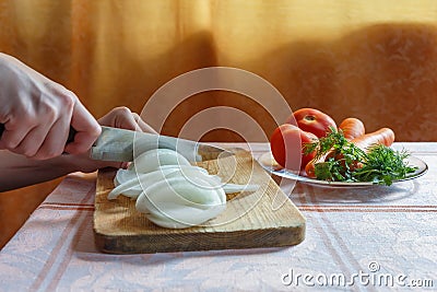 Hands chopping onionson wooden board Stock Photo