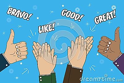 Hands clapping, applause and thumb up gesture. Congratulations concept illustration with text - bravo, great, like, good. Vector. Vector Illustration