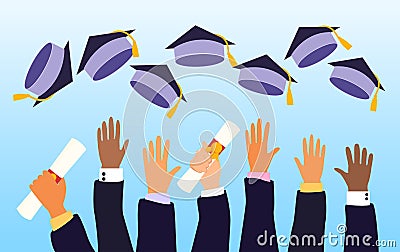 Hands of a class of graduates on graduation day Vector Illustration