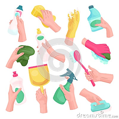 Hands with cleaning tools and cleanser rag Vector Illustration