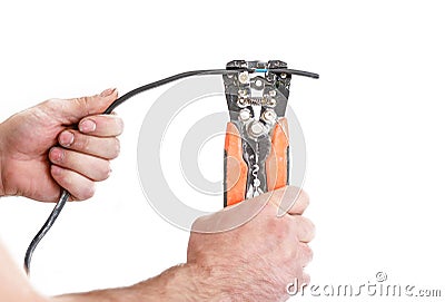 Hands cleans electrician wire pliers special tool. Isolated on w Stock Photo