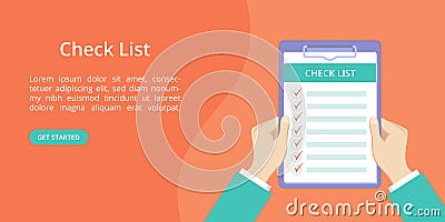 Hands with clipboard check list landing page Vector Illustration