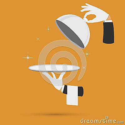 Hands with cloche lid cover and towel vector. Vector Illustration