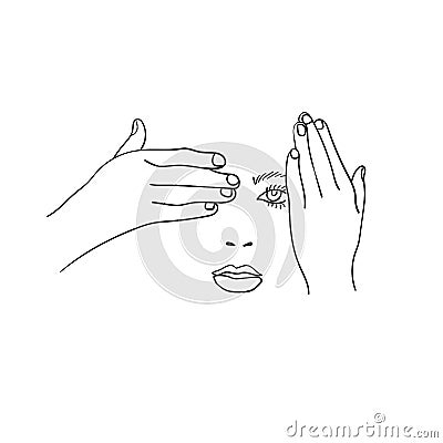 Hands closes the eye and the face of young woman, gestures line art, linear hipster girls face Vector Illustration