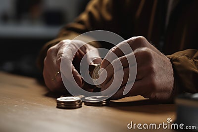 Hands coins table bank. Generate Ai Stock Photo