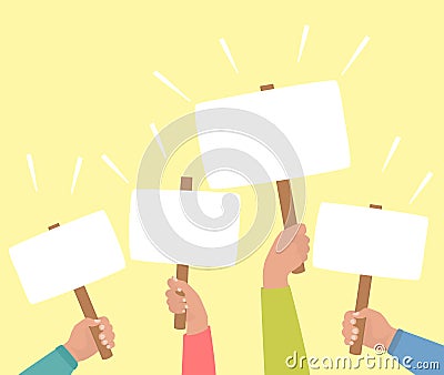 Hands in colored shirts holding banners. Concept of voting, protest, rally. Demonstration, crowd of people with blank placards. Vector Illustration