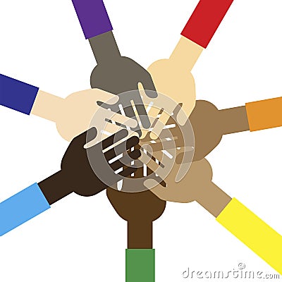 Hands of the community of volunteers. Teamwork for charity. Illustration of ethnic equality. Team for empowerment Stock Photo