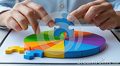 Hands Completing a Colorful Puzzle: Teamwork and Problem Solving Concept Stock Photo