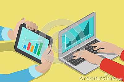 Hands, computer laptop tablet with chart: marketing flat vector Vector Illustration