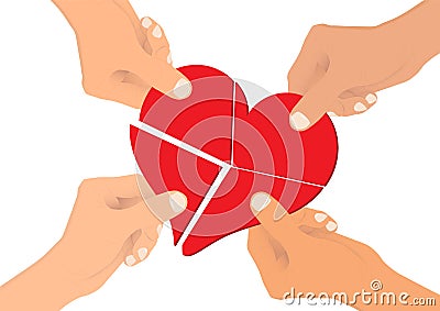 Hands connecting pieces of red heart together, concept of sharing love to people vector illustration Vector Illustration