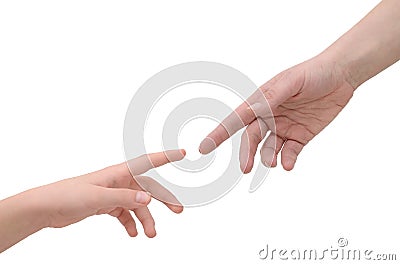 Hands connecting two people isolated on white background Stock Photo