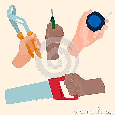 Hands with construction tools vector cartoon style House renovation handyman illustration Vector Illustration