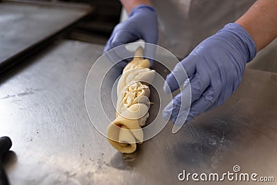 The hands of the cook in blue protective gloves are preparing a roll stuffed with cottage cheese and sugar. Manual production of Stock Photo