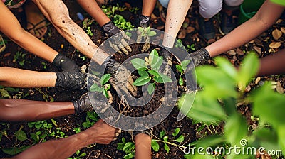 Hands covered in soil, people from different backgrounds work together in a community garden, planting for a greener Stock Photo