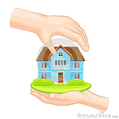 Hands Covering and Protecting House Standing on Green Lawn Vector Illustration Vector Illustration