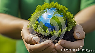 Hands Cradling A Small Globe With Greenery And Soil, Symbolizing Nurturing And Growth For Earth Stock Photo