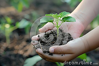 Hands cradling young plant in soil, symbol of growth, nurture Stock Photo