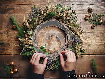 Hands crafting a natural Christmas wreath on a wooden table Stock Photo