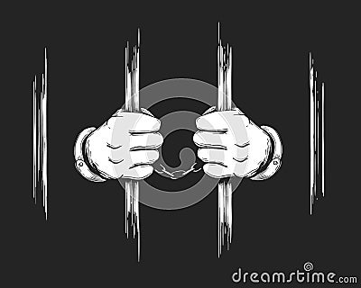 Hands in Cuffs Holding Prison Bars Vector Illustration