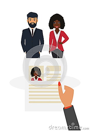 Job agency. Recruiter concept. Choosing a candidate to hire and reading CV Cartoon Illustration