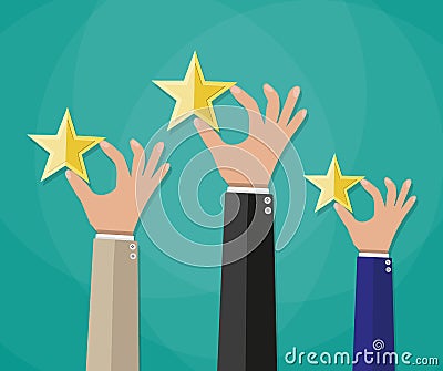 Hands of customers placing rating stars Vector Illustration