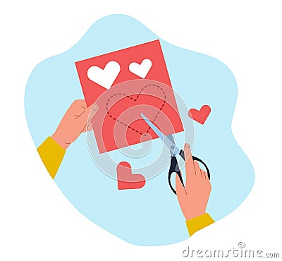 Hands cut hearts out of red paper. Hand hold scissors. Origami and crafts, celebration valentine day, making postcard or Vector Illustration