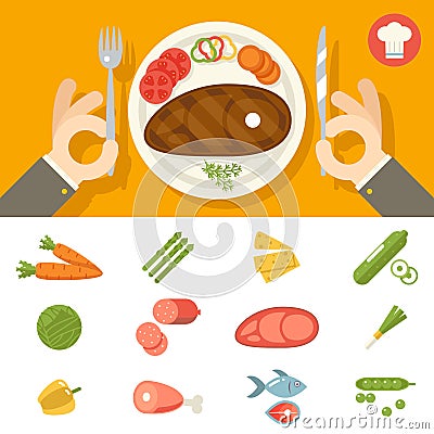 Hands cutlery Plate Food Icon Set Restaurant Vector Illustration