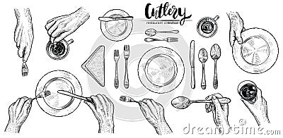 Hands with cutlery, vector line illustrations. Top view on table setting with dining people. Vector Illustration