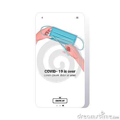 Hands cutting medical mask with scissors covid-19 pandemic is over coronavirus quarantine ending concept Vector Illustration