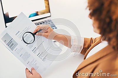 Hands, cv paper and magnifying glass at hr office with black woman, recruitment or focus at desk. Human resources Stock Photo