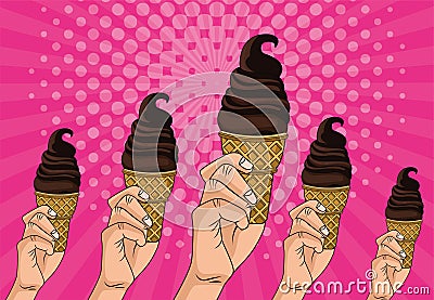 Hands with delicious ice creams cones pop art style Vector Illustration