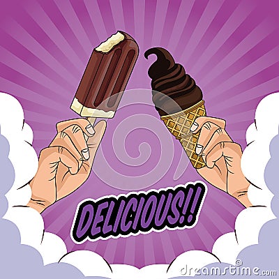 Hands with delicious ice creams pop art style Vector Illustration