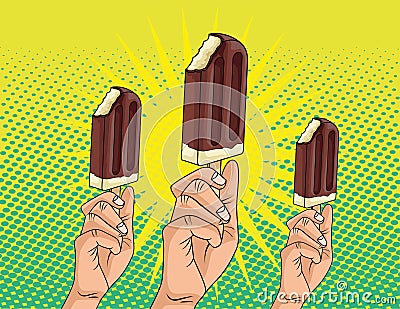 Hands with delicious ice creams in sticks pop art style Vector Illustration