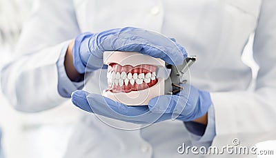 Hands of dentist wearing gloves holding plastic jaw model Stock Photo