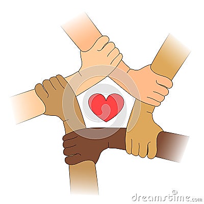 Hands of different races with heart Vector Illustration